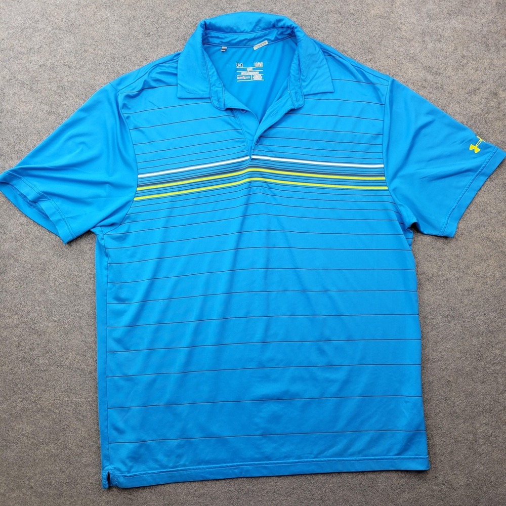 Under Armour Polo Shirt Mens Large Blue Stripe HeatGear Golf Performance Top
